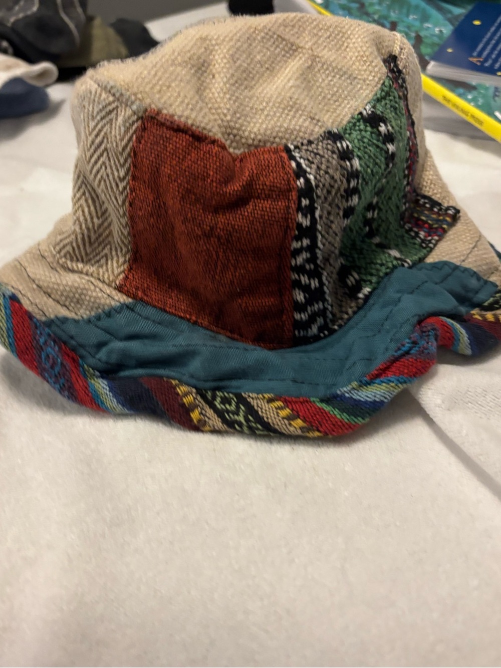 Multi-Color Patchwork Bucket Hat - Beige, Teal & Rust